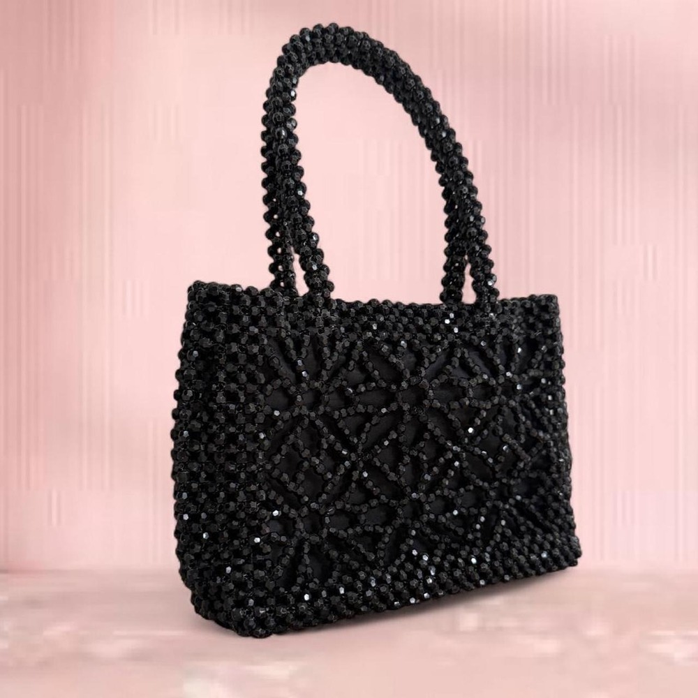 Black Beaded Handbag, Women's Mini Shoulder Bag, Y2K Evening Party Purse